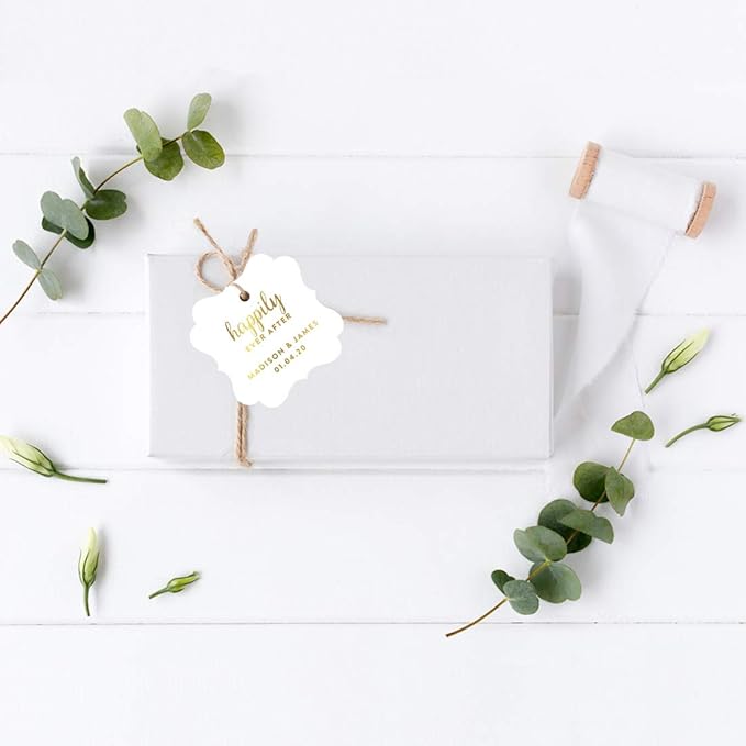 Andaz Press Personalized Fancy Frame Square Wedding Gift Tags, Metallic Gold Ink, Happily Ever After, 24-Pack, Custom Made Any Name