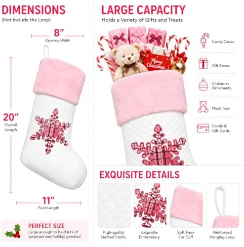 White Pink Buffalo Plaid Embroidered Christmas Stockings Set of 6 | Cute Large Christmas Stocking with Pink Faux Fur for Holiday Gifts, Christmas Stocking Stuffers and Christmas Décor