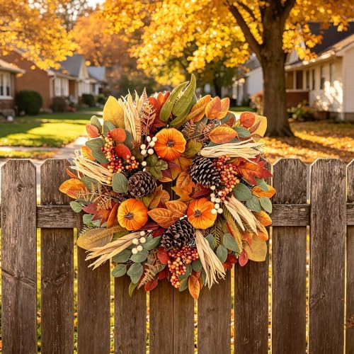 26 inch fall wreaths for front door, autumn showing dimensions