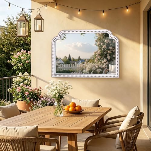 24x36 inch ornate scalloped arch mirror, wooden antique showing dimensions