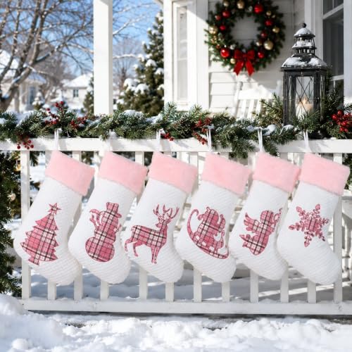 White Pink Buffalo Plaid Embroidered Christmas Stockings Set of 6 | Cute Large Christmas Stocking with Pink Faux Fur for Holiday Gifts, Christmas Stocking Stuffers and Christmas Décor