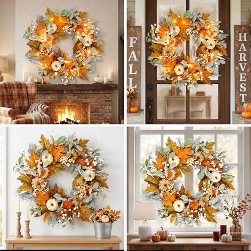 24in pre-lit front door fall wreath,for thanksgiving home on a desk or shelf