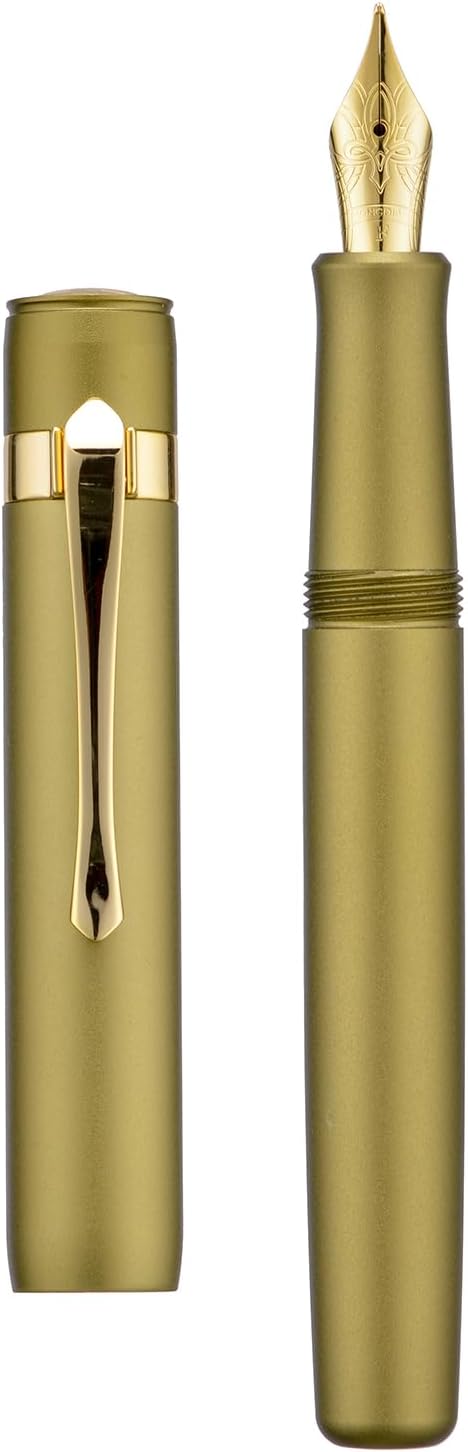 HONG DIAN M2 Black Forest Mini Fountain Pen, Extra Fine Soft Nib & Sleek Shape Aluminium Short Pocket Travel Pen (Olive Green)