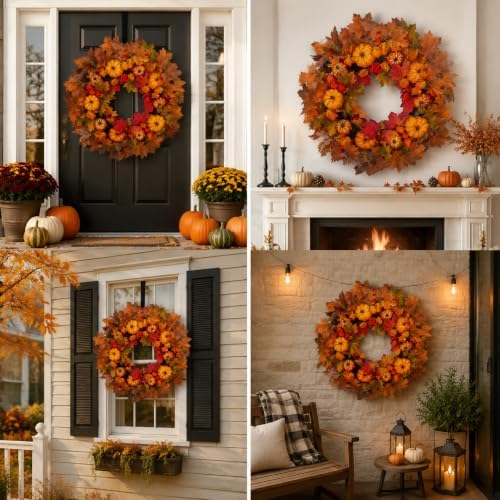 thanksgiving fall wreath for front door 24 inch showing dimensions