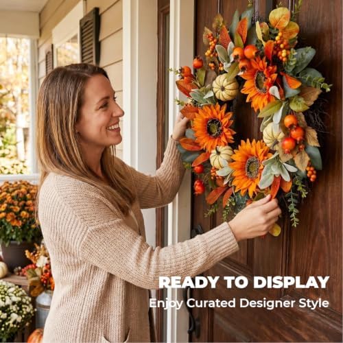 24" fall sunflower wreath for front door, front angle view