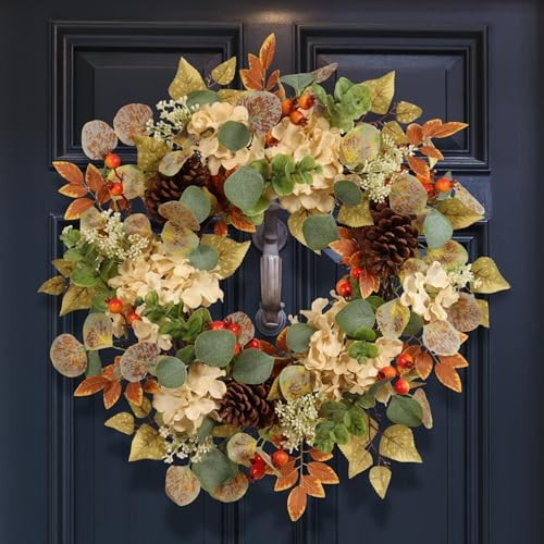 22 in fall hydrangea wreath with eucalyptus, pinecones on a desk or shelf