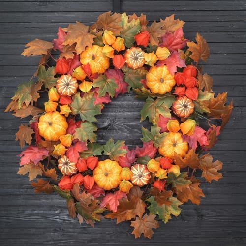 thanksgiving fall wreath for front door 24 inch, front angle view