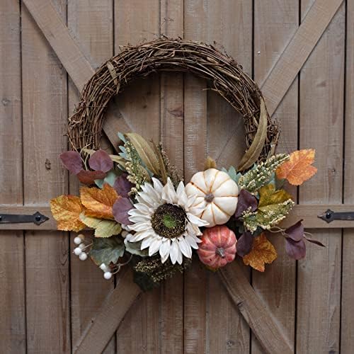 12" fall harvest pumpkin and sunflower wreath, close-up detail