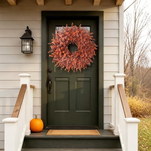 26" artificial fall eucalyptus wreath for front door, close-up detail