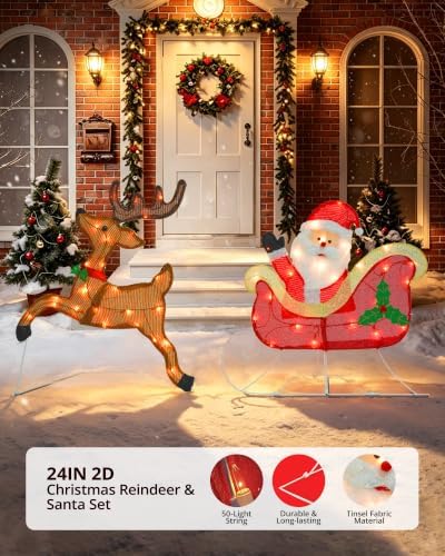 christmas lighted decoration 24 inch reindeer with sleigh, side view