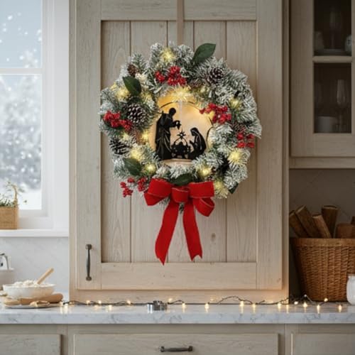 svndlyn 22 inch lighted christmas wreath with nativity, front angle view