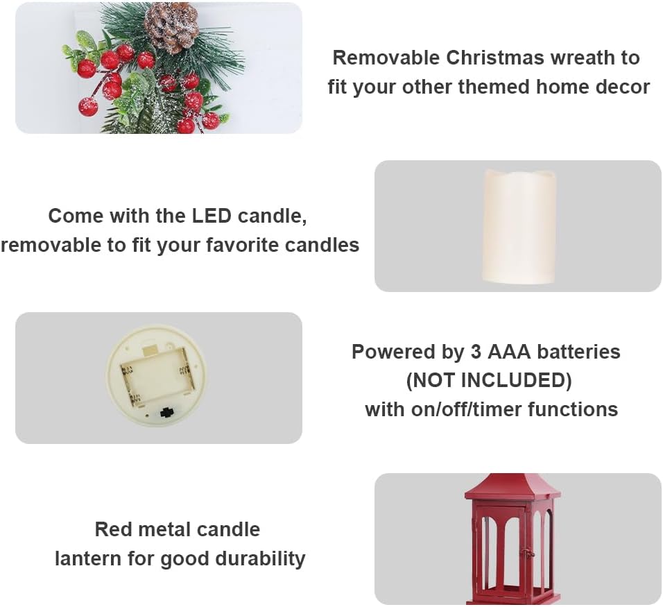 Christmas Decorations for Home, Decorative Christmas Lantern Indoor Outdoor Decor, Metal Hanging Candle Holder with Xmas Teardrop Wreath and LED Candle for Table Centerpieces, Patio (Red)