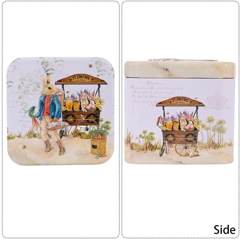 Easter Rabbit Square Metal Storage Tin (Style D) - 2.95" Vintage Bunny & Flower Treat Box, Decorative Small Tinplate Organizer for Candies, Jewelry, Reusable Holiday Keepsake Container & Party Favors