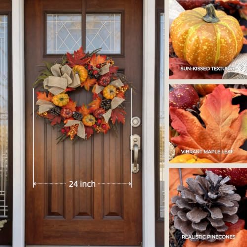 24 inch fall wreath for front door, autumn, side view