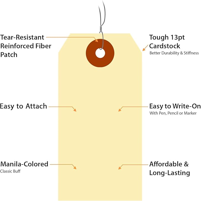 SmartSign Blank Manila Shipping Tags with Wire, Size-3, Pack of 1000, 13pt Thick Prewired Cardstock Tag, 3.75 x 1.875 inch Paper Hang Tags with Reinforced Fiber Patch