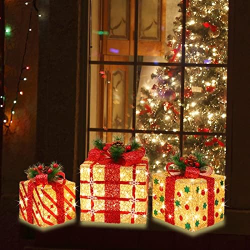 [large 9.5"x8"x6.5" christmas set of 3 lighted gift, close-up detail