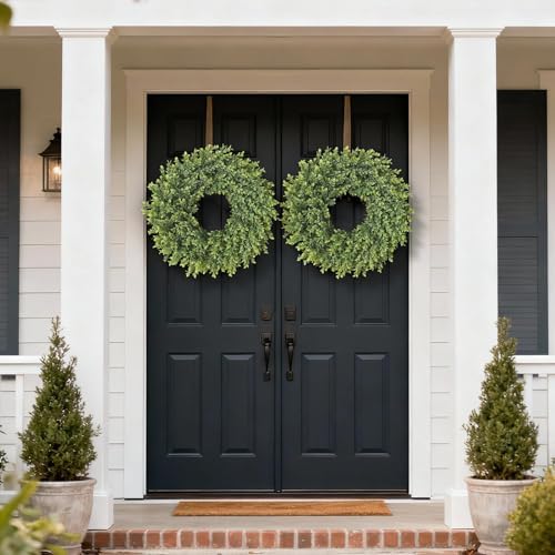 26"artificial boxwood wreath, large fake hanging plant for, close-up detail