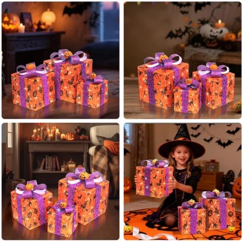 3 pieces lighted boxes halloween decorations, lighted gift on a desk or shelf