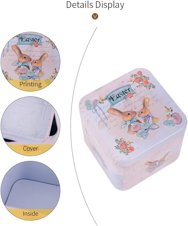 Easter Rabbit Square Metal Storage Tin (Style D) - 2.95" Vintage Bunny & Flower Treat Box, Decorative Small Tinplate Organizer for Candies, Jewelry, Reusable Holiday Keepsake Container & Party Favors