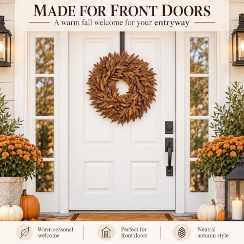 24 inch fall wreaths for front door, artificial shown in use