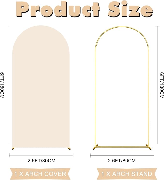 6FT Wedding Arch Backdrop Stand and Beige Arch Cover, Beige Spandex Fitted Backdrop Cover and Gold Wedding Arch Frame for Birthday Party Wedding Ceremony Bridal Baby Shower, Parties Decoration.
