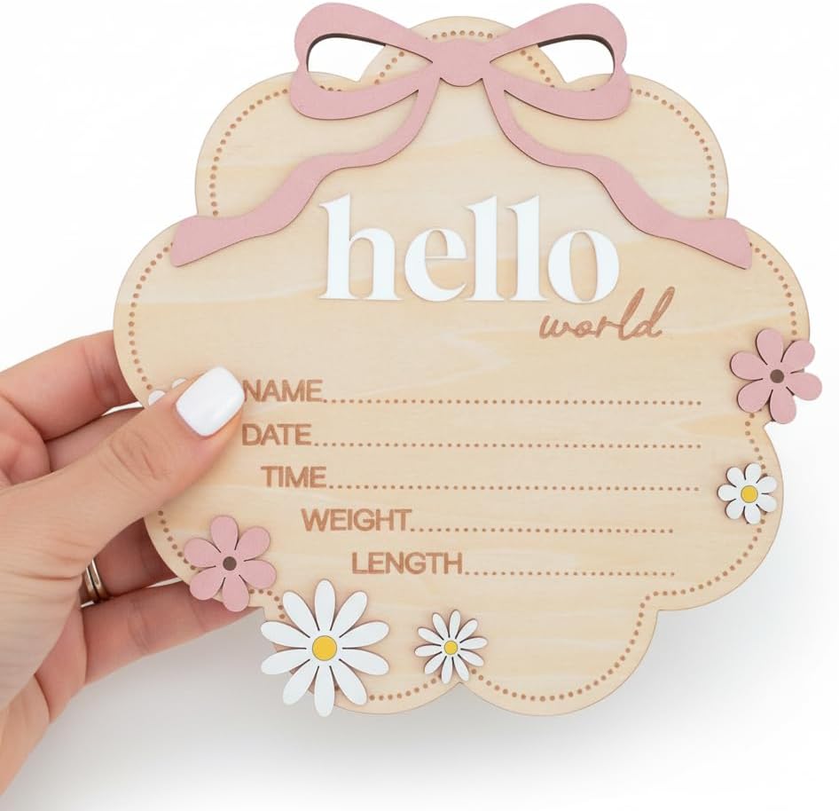 Hello World Wooden Baby Birth Announcement Sign with Pink Bow, Cloud Shape Floral Newborn Name Date Time Weight Length Board, Baby Girl Nursery Photo Prop (Light Pink)