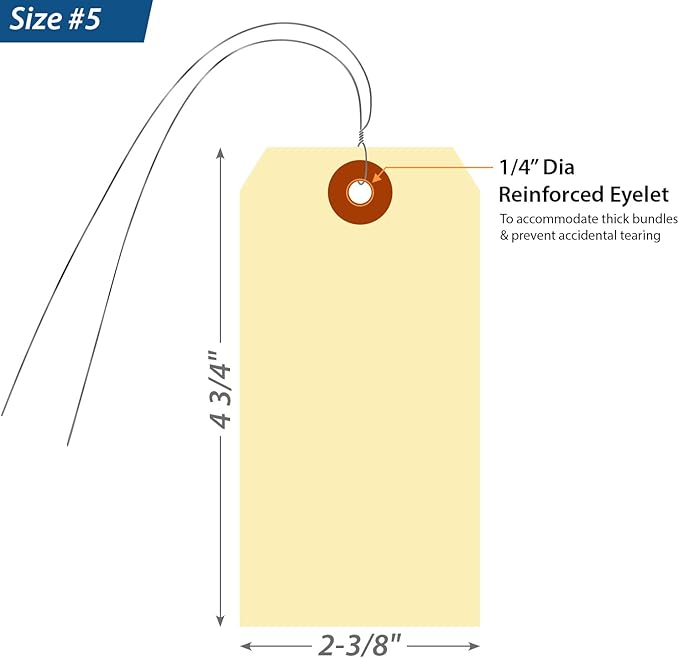SmartSign Blank Manila Shipping Tags with Wire - Pack of 1000, Size-5, 13pt Thick Prewired Cardstock Tag, 4 3/4" x 2 3/8" Paper Hang Tags with Reinforced Fiber Patch