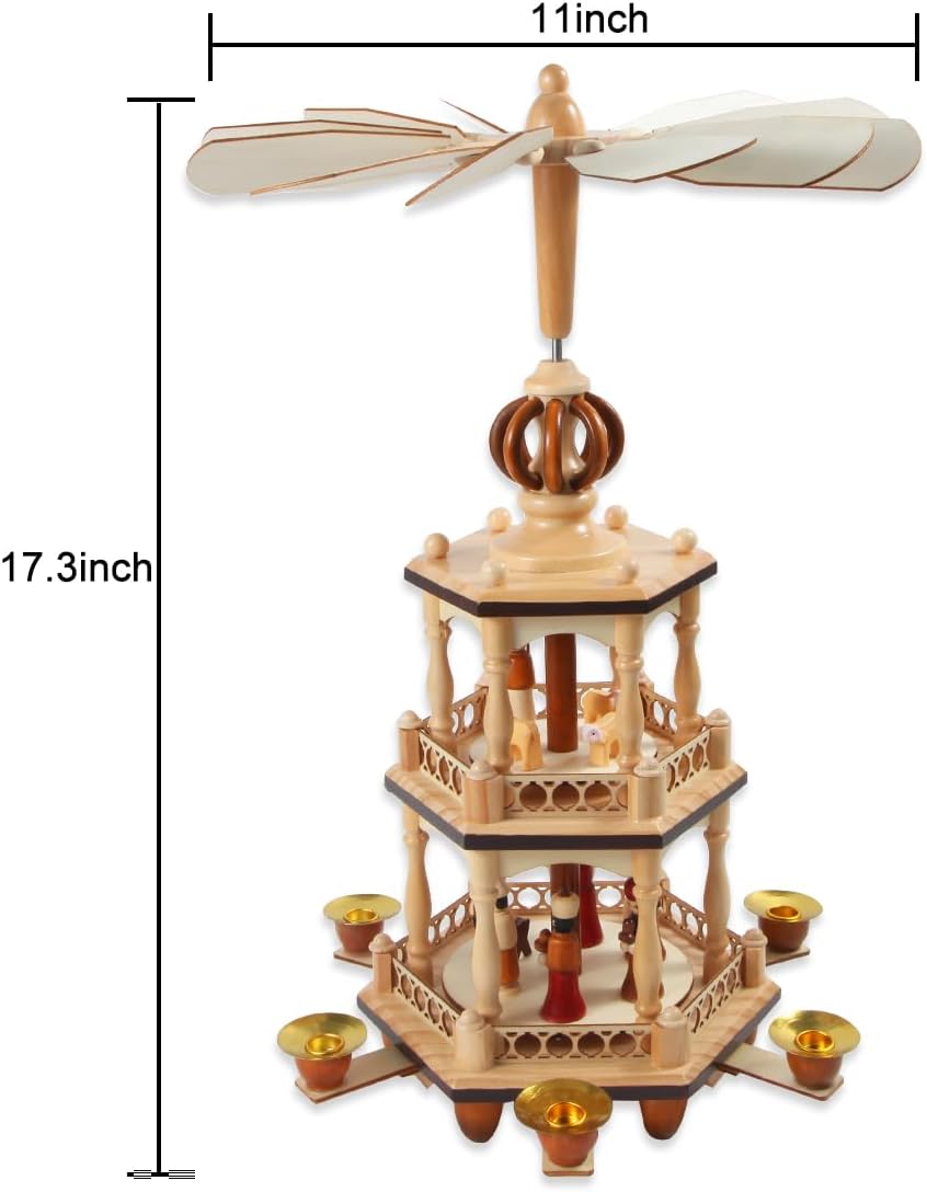 17 Inches Christmas Wooden Pyramid with 6 Candle Holders- Nativity Scene Set-Under The Christmas Tree - Table Top Holiday Decor - 3 Tiers Carousel (Two)