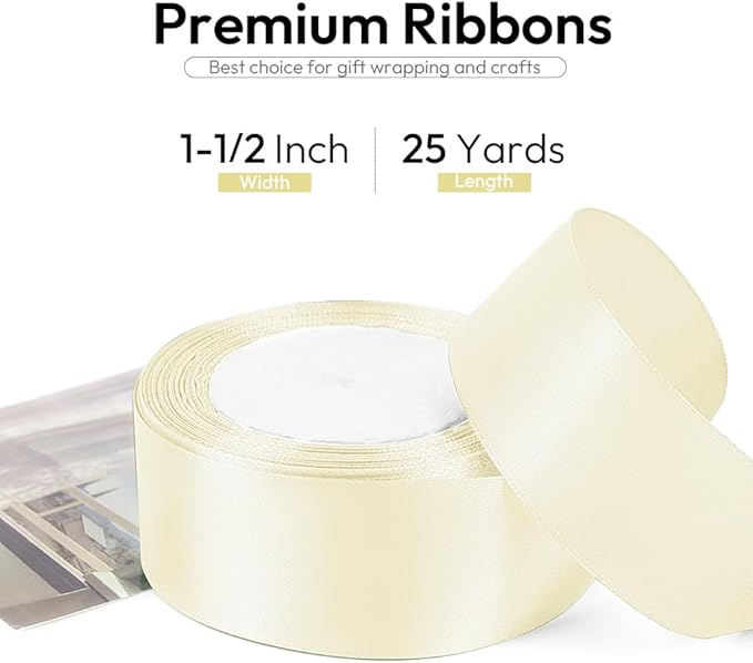 1-1/2 Inch 25 Yards Satin Ribbon Ivory, Solid Color Fabric Ribbon for Gift Wrapping, Wedding, Polyester Gift Ribbon for Birthday Party Decoration, Craft, Hair, Floral, Sewing