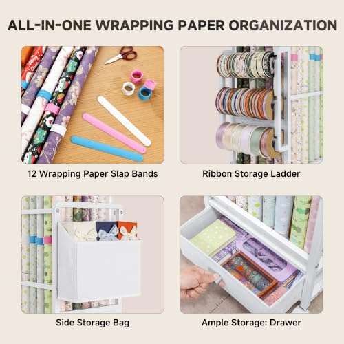 aquzee wrapping paper storage, adjustable gift wrap station showing dimensions