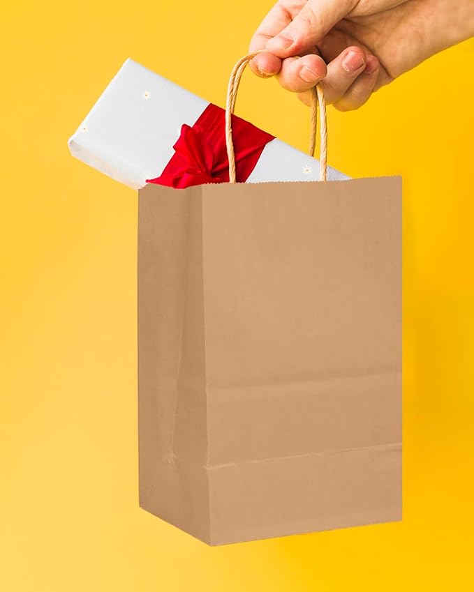 Bakepacker 100 Pcs Brown Mini Paper Gift Bags with Handles 6"x4.5"x2.5" Kraft Party Favor Bags Multiple Uses (Mini size)
