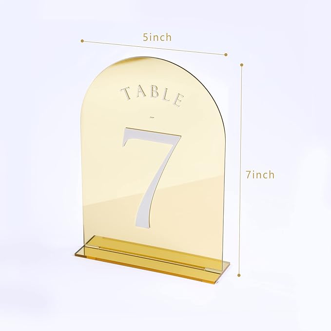 UNIQOOO Gold Mirror Arch Wedding Table Numbers with Stands 1-15, 5x7 Acrylic Display Signs and Holders, Pack of 15, Perfect for Centerpiece, Reception, Decoration, Party, Anniversary, Event