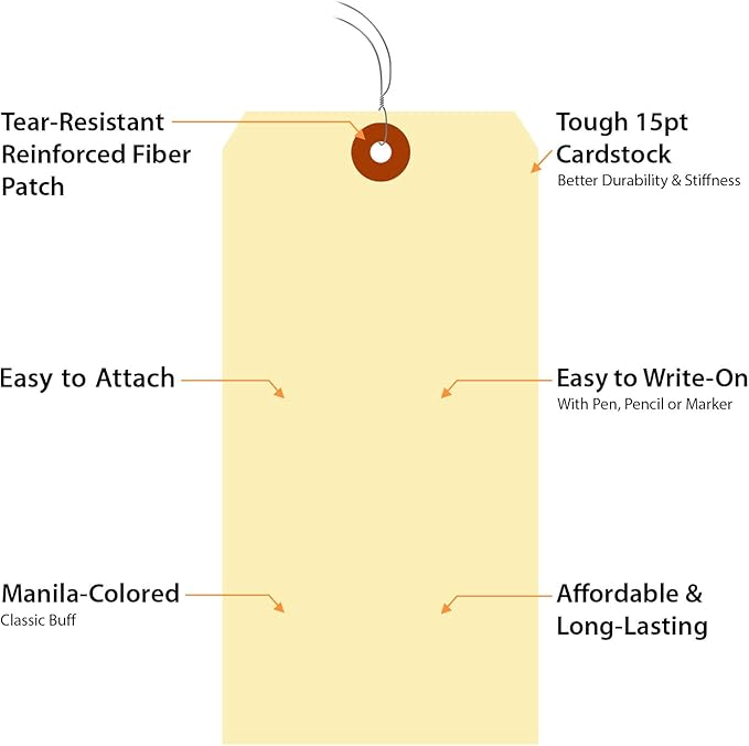 SmartSign Blank Manila Shipping Tags with Wire, Size-10, Pack of 100, 15pt Thick Prewired Cardstock Tag, 7.25 x 3.625 inch Paper Hang Tags with Reinforced Fiber Patch