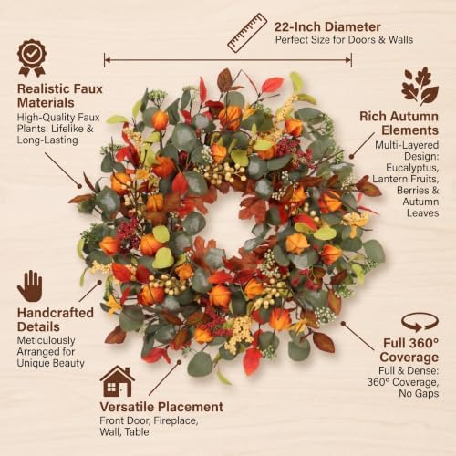 fall eucalyptus lantern pods wreath 22 inch front, side view