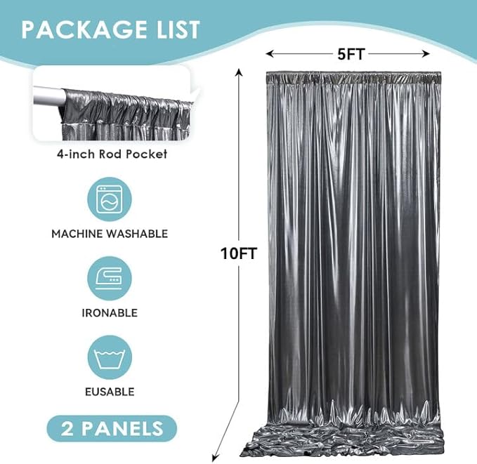 gogoparti 10x10FT Charcoal Silver Sequin Backdrop Curtain - 2 Panels of 5x10FT Wrinkle-Free Glitter Drapes for Photography, Birthdays, Weddings & Graduations