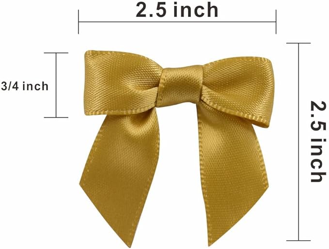 2.5" Hgzgch Gold Satin Ribbon Bow for Gift Wrapping, Premade Bows for Crafts, Cake, Party Favors, Handmade Bows with Double-Sided Tape, Self Adhesive Gift Bows for Presents, Treats, Christmas - 50pcs