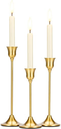Tifanso Taper Candle Stick Holder - 3PCS Brass Gold Pillar Tall Candlestick Holders Metal Vintage Decor Dinner Table Dining Room Centerpieces Decorations for Wedding Fireplace Mantel Housewarming Gift