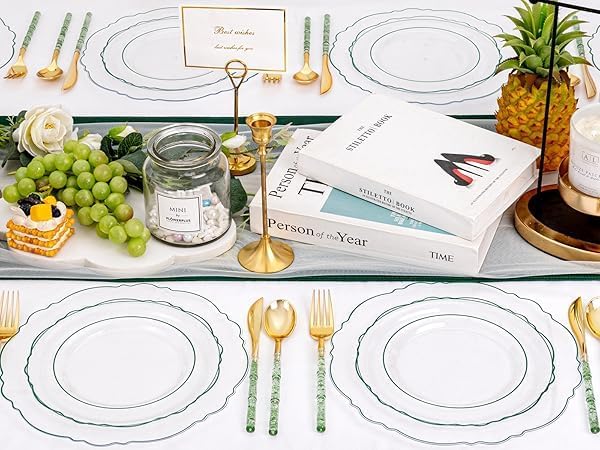 Liacere 150PCS Clear and Green Plastic Plates - Disposable Plates with Glitter Bamboo Handle Cutlery - 60 Baroque Elegant Plates,30Forks,30Spoons,30Knives for St. Patrick's Party