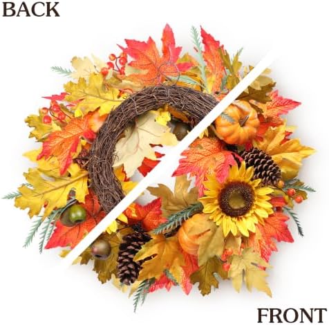 mumtop 22" fall wreath for front door, sunflower, side view