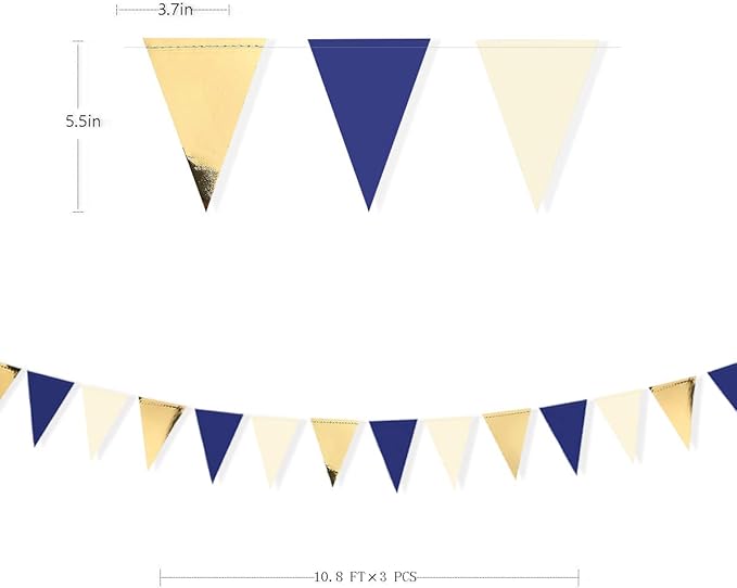 30Ft Navy Blue Gold and Beige Party Decorations Royal Blue Gold Triangle Flag Pennant Banner Bunting for Graduation Birthday Wedding Bridal Shower Nautical Ahoy Achor Theme Party Decorations Supplies