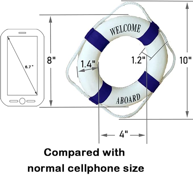MorroMorn Lifebuoy Wall Hanging Decor - Welcome Aboard Mediterranean Style Home Decoration (Navy, 8")