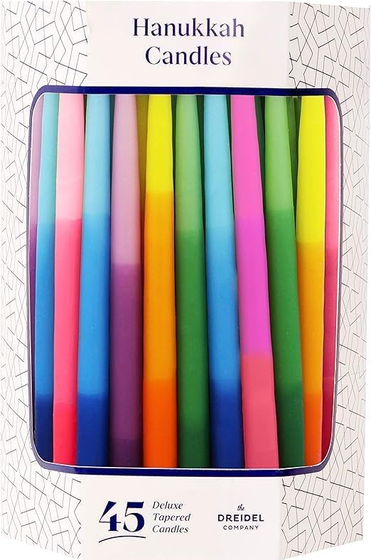 The Dreidel Company Dripless Deluxe Tapered Hanukkah Candles, Multicolored 3-Tone Pastel Decorations, 45 Menorah Candles for All 8 Nights of Chanukah 1-Hour Burn Time