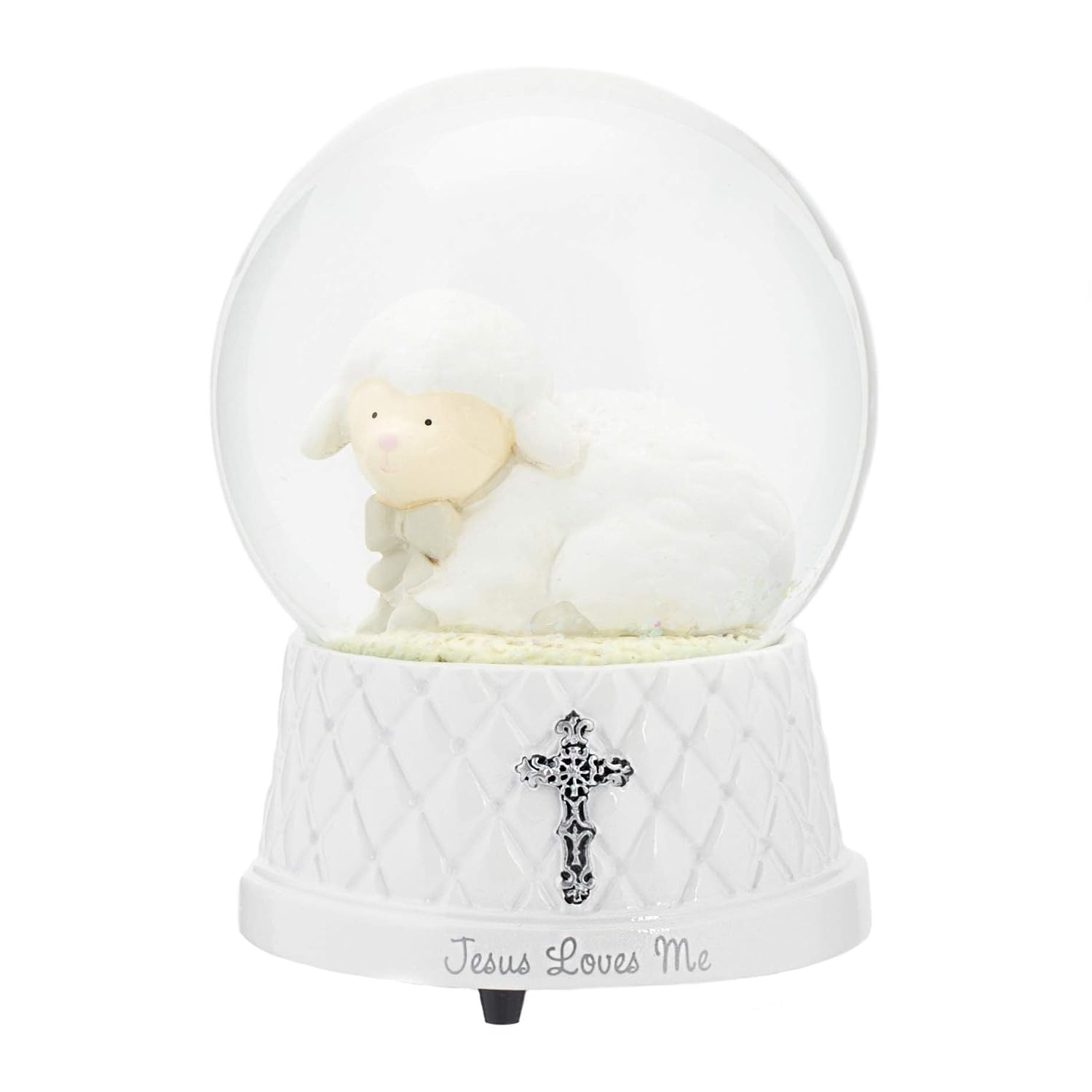DEMDACO Jesus Loves Me Musical Water Globe - Lamb Snow Globe - Baby Blessing Keepsake - Small Silver Cross - Religious Gift for Kids - Resin & Stone - Great for Blessings & Celebrations