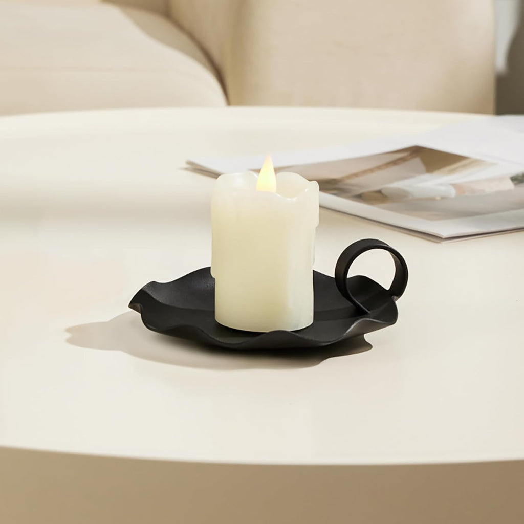 Candle Holders for Pillar Candles – 5.5" Overall Width Black Metal Holder with Plate, Fits Pillar Candles up to 3.3" in Diameter & Flameless, Modern Minimalist Candle Dish (Candles Not Included)