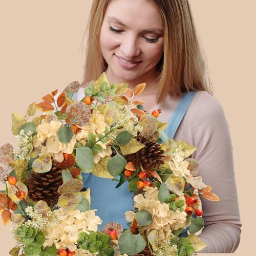 22 in fall hydrangea wreath with eucalyptus, pinecones, package contents