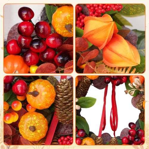 fall wreaths for front door 24" harvest thanksgiving, close-up detail