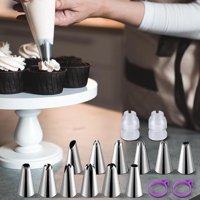 100Pcs Piping Bags and Tips Set, 12 Inch Pastry Bags, Icing Bags Disposable for Cakes Decorating Kit Supplies with 1 Reusable Piping Bags, 1 Couplers, 12 Frosting Tips, 2 Bag Ties, 3 Cake Scraper