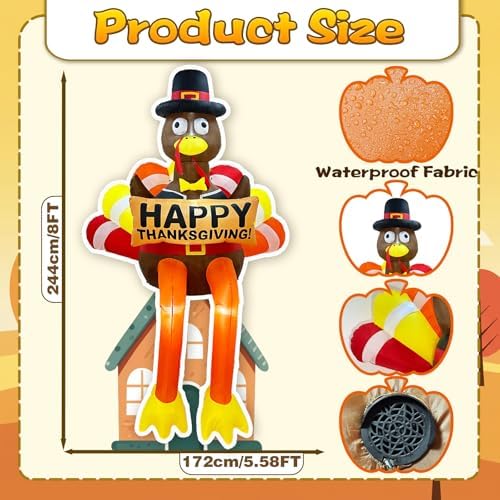 8ft led lighted thanksgiving fall inflatables turkey outdoor showing dimensions