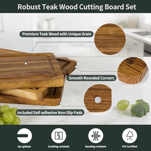 teak cutting board set for kitchen, 3 pack shown in use