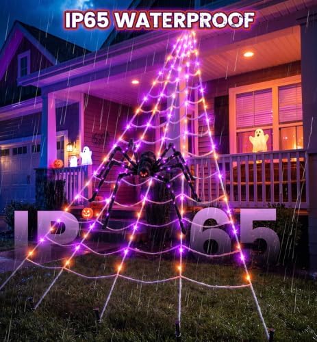 halloween giant spider web decoration with glow-in-the-dark spider, front angle view